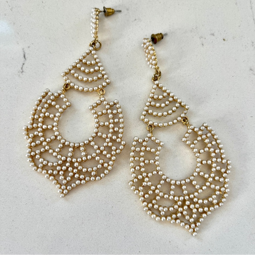 White and Gold Statement Faux Pearl Dangle Earrings